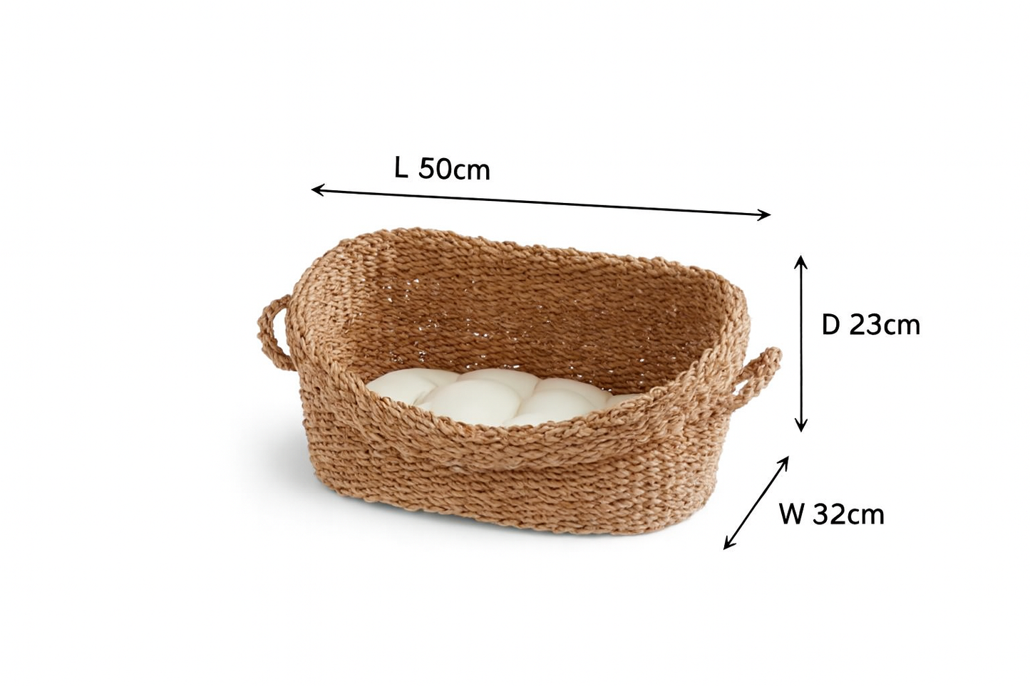 Premium Seagrass Cat Bed (50x32x23cm) - Natural Woven Pet Furniture with Free Cushion Cover