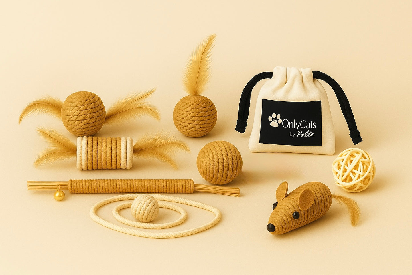 THE PLAYTIME EDIT Natural Cat Toy Set - Rope, Feathers & Catnip Play Bundle with Free Gift