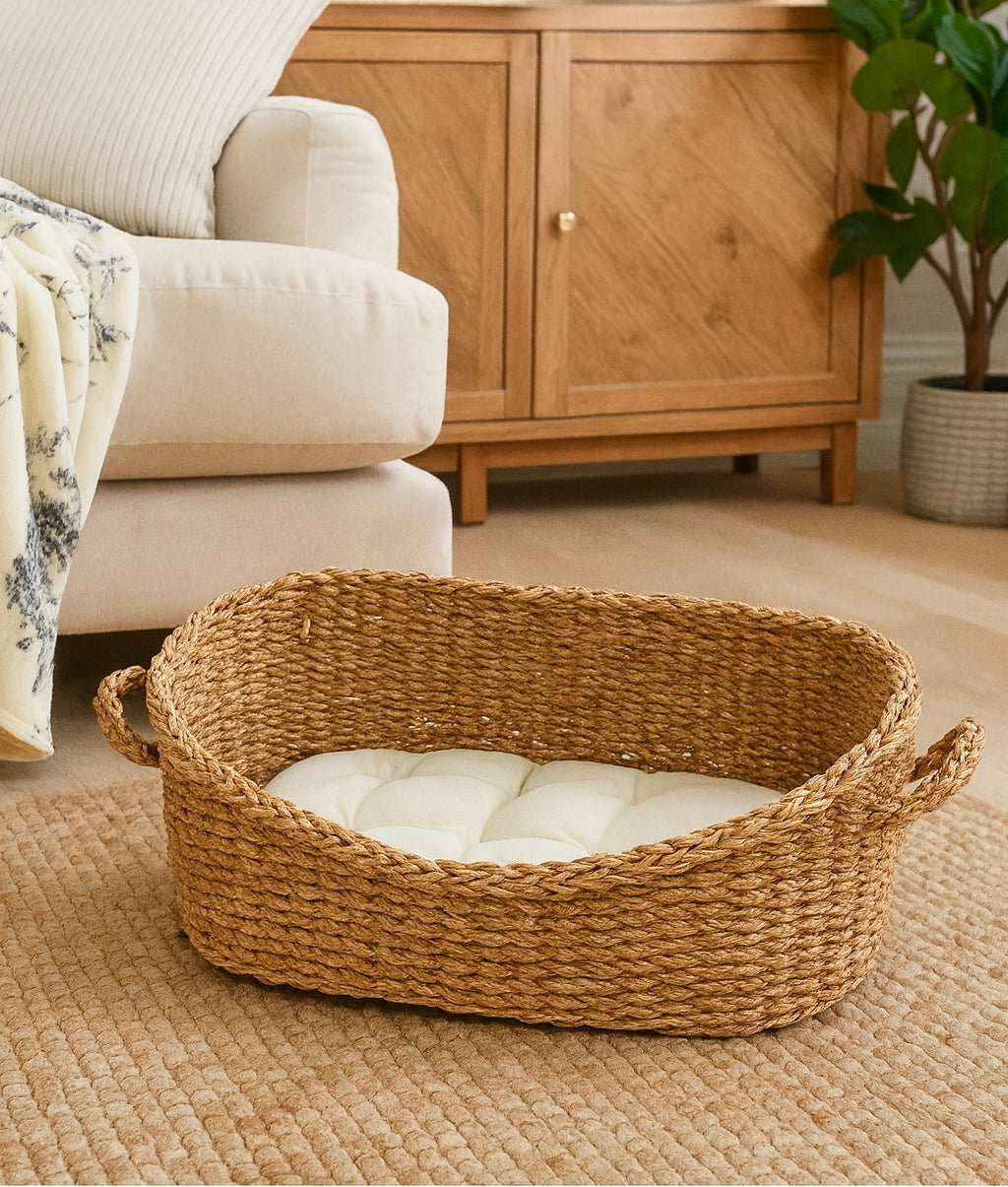 Premium Seagrass Cat Bed (50x32x23cm) - Natural Woven Pet Furniture with Free Cushion Cover