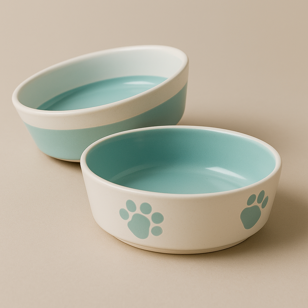 Premium Ceramic Cat Food & Water Bowls - Mint Green Pet Dishes with White Rim