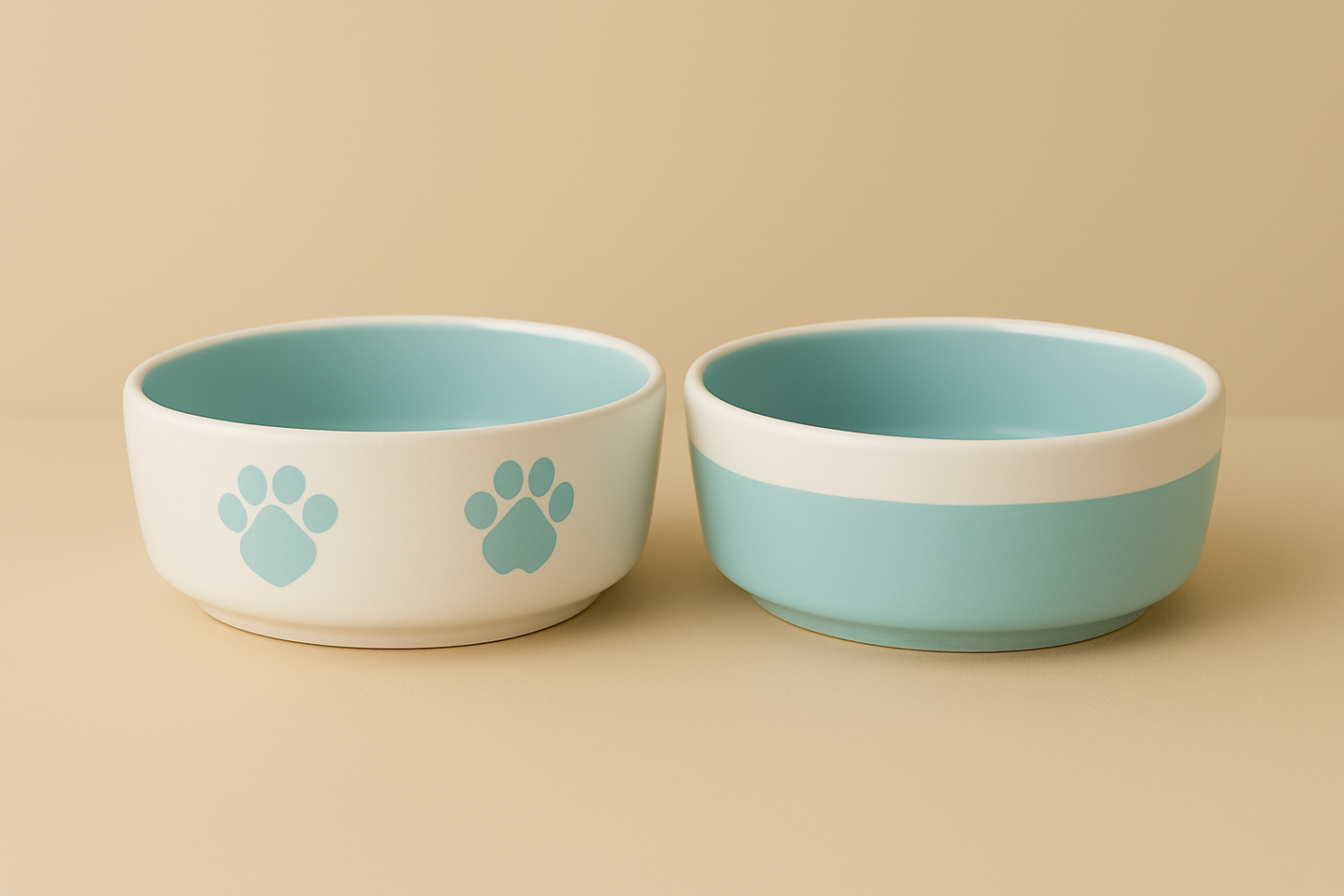 Premium Ceramic Cat Food & Water Bowls (12cm) - Mint Green Pet Dishes with White Rim