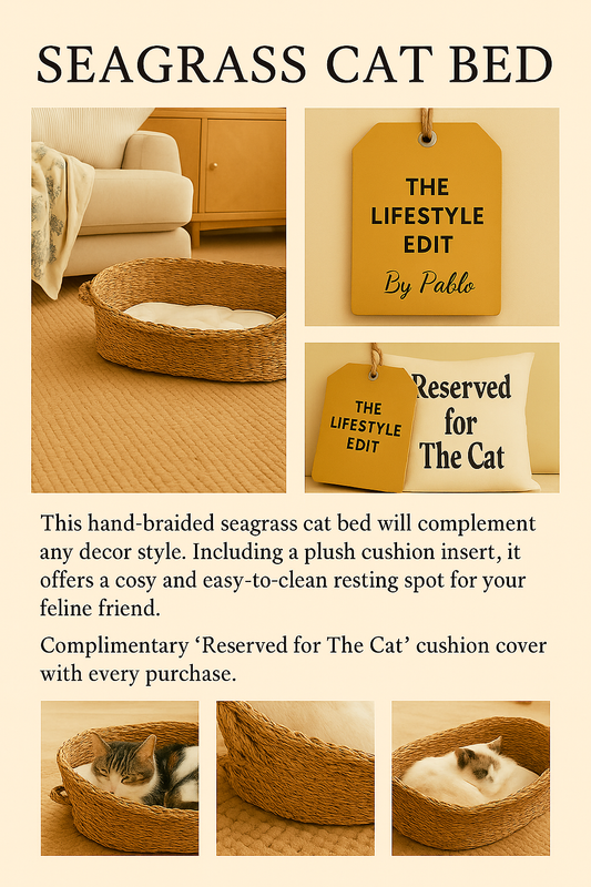 Premium Seagrass Cat Bed (50x32x23cm) - Natural Woven Pet Furniture with Free Cushion Cover