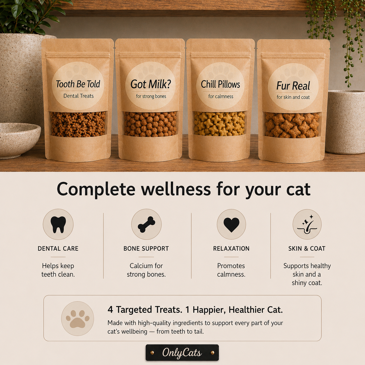 The Wellness Pack - 
Cat Treats for Dental Care, Hair & Skin Care, Calmness & Strong Bones