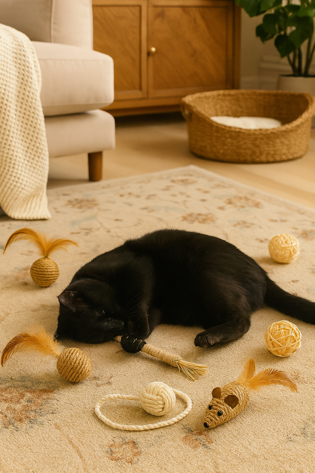 THE PLAYTIME EDIT Natural Cat Toy Set - Rope, Feathers & Catnip Play Bundle with Free Gift
