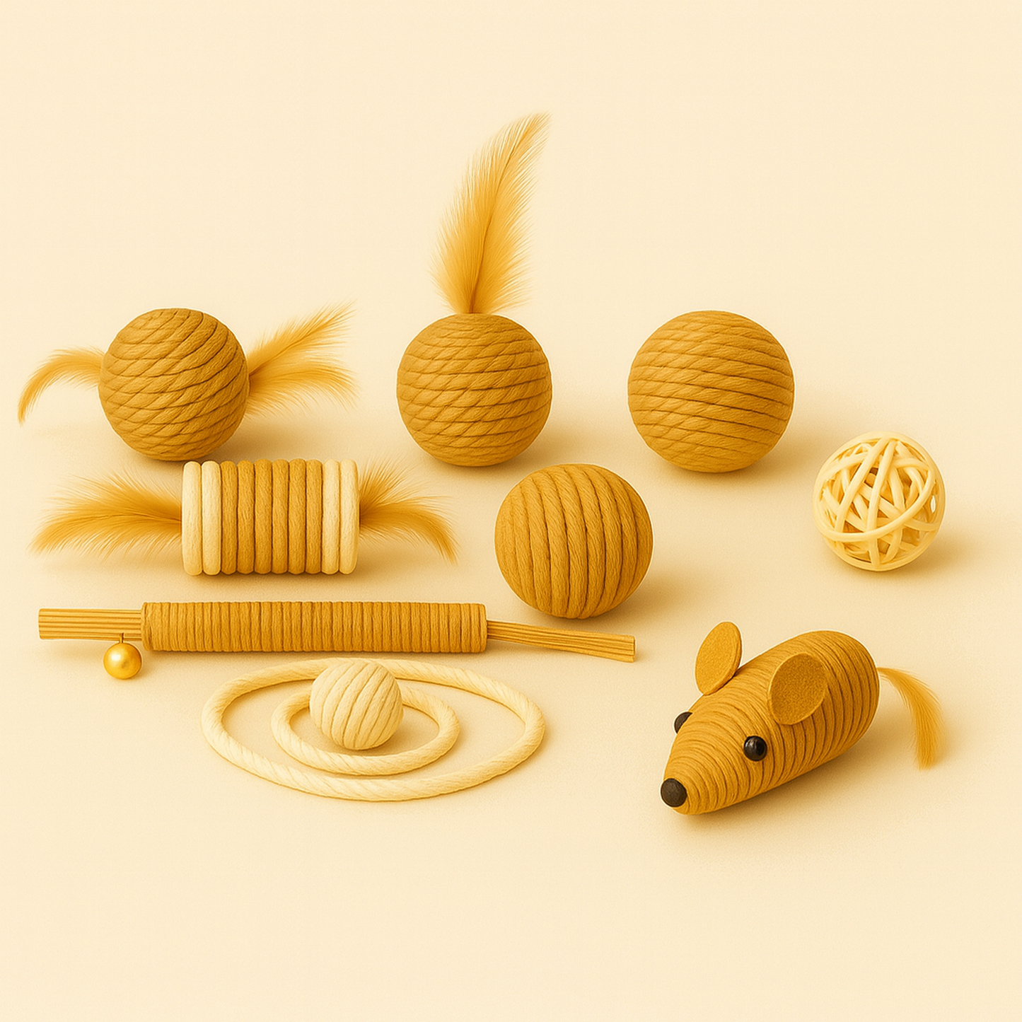 THE PLAYTIME EDIT - Natural Cat Toy Set - Rope & Feathers Bundle with Free Gift