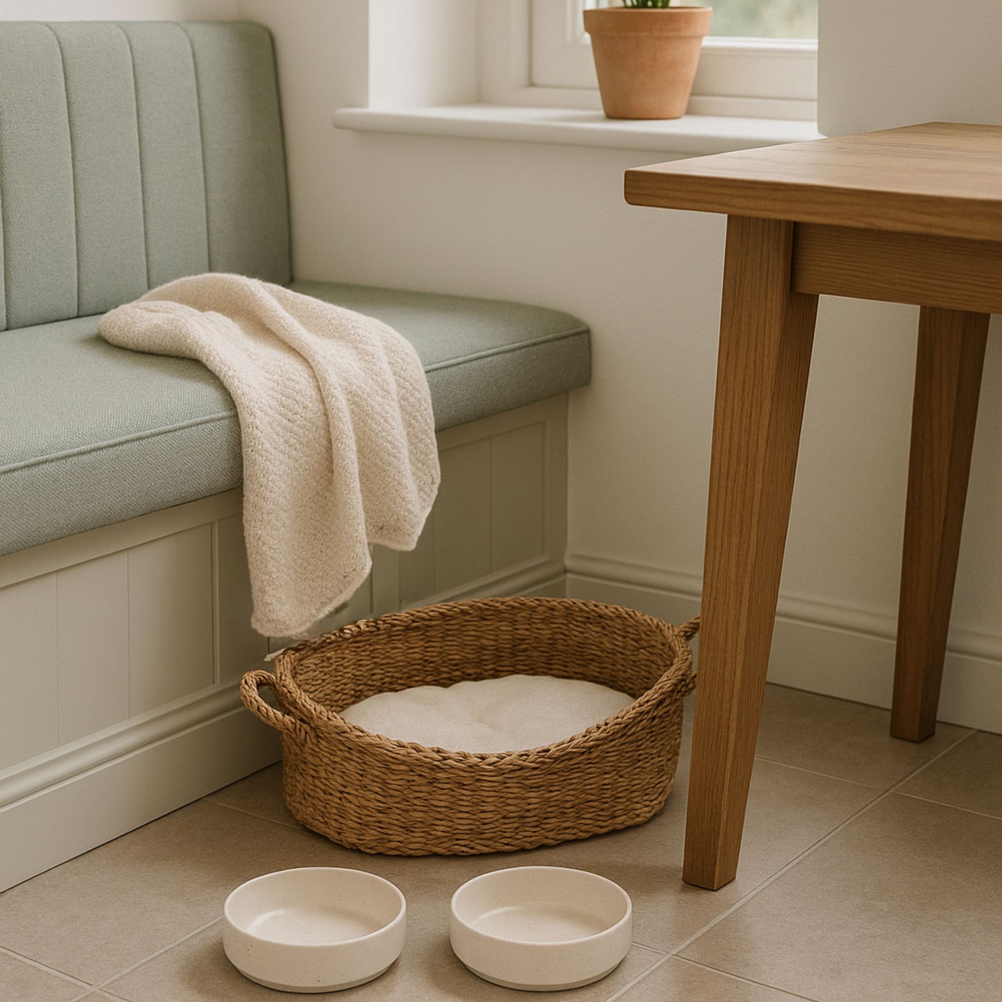 Premium Cat Lifestyle Bundle - Seagrass Bed,  Luxury Blanket, Ceramic Bowls & pillowcase