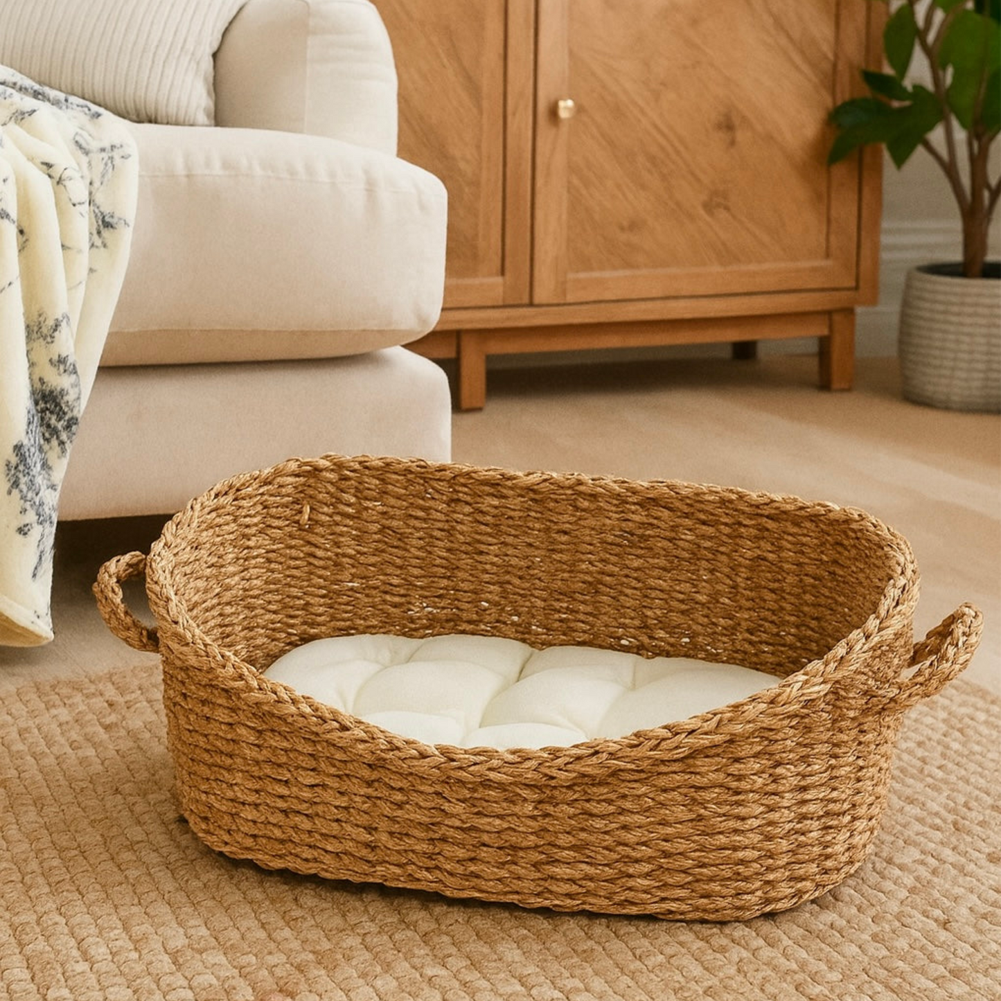 Premium Cat Lifestyle Bundle - Seagrass Bed,  Luxury Blanket, Ceramic Bowls & pillowcase