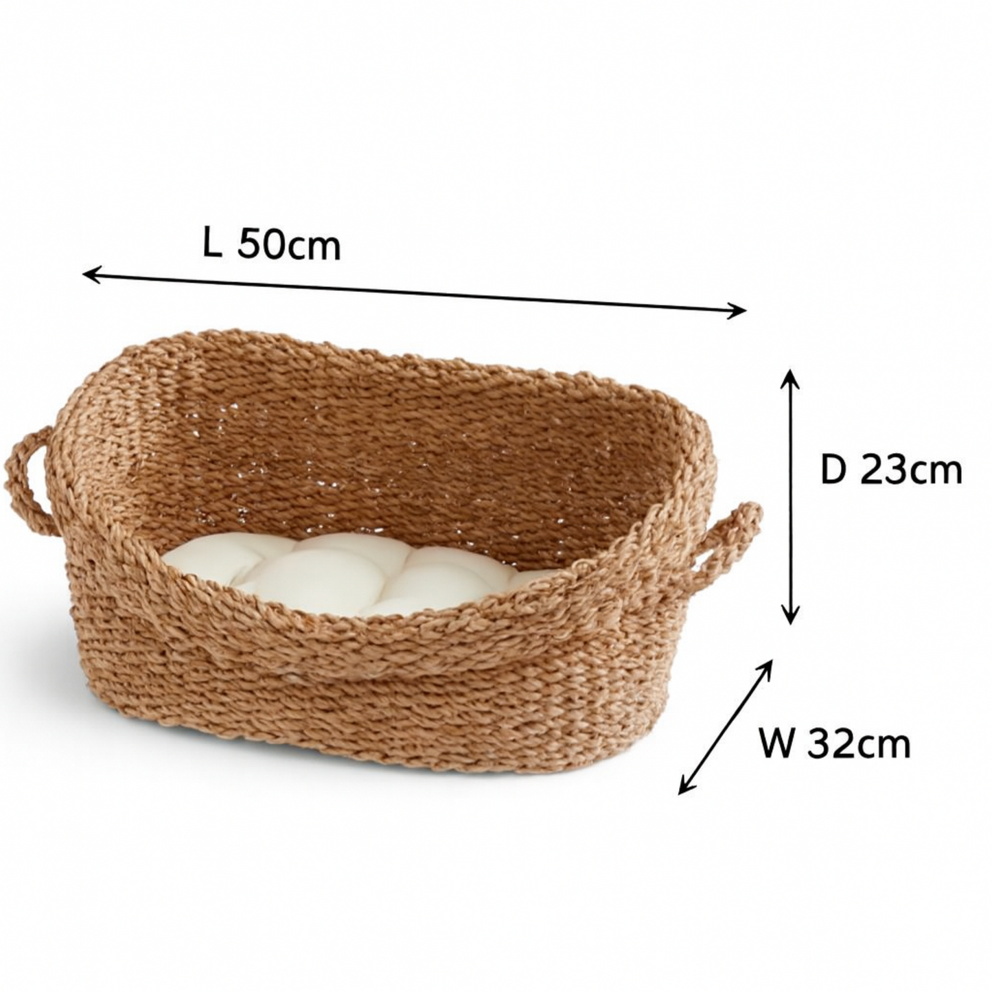 Premium Seagrass Cat Bed (50x32x23cm) - Natural Woven Pet Furniture with Free Cushion Cover