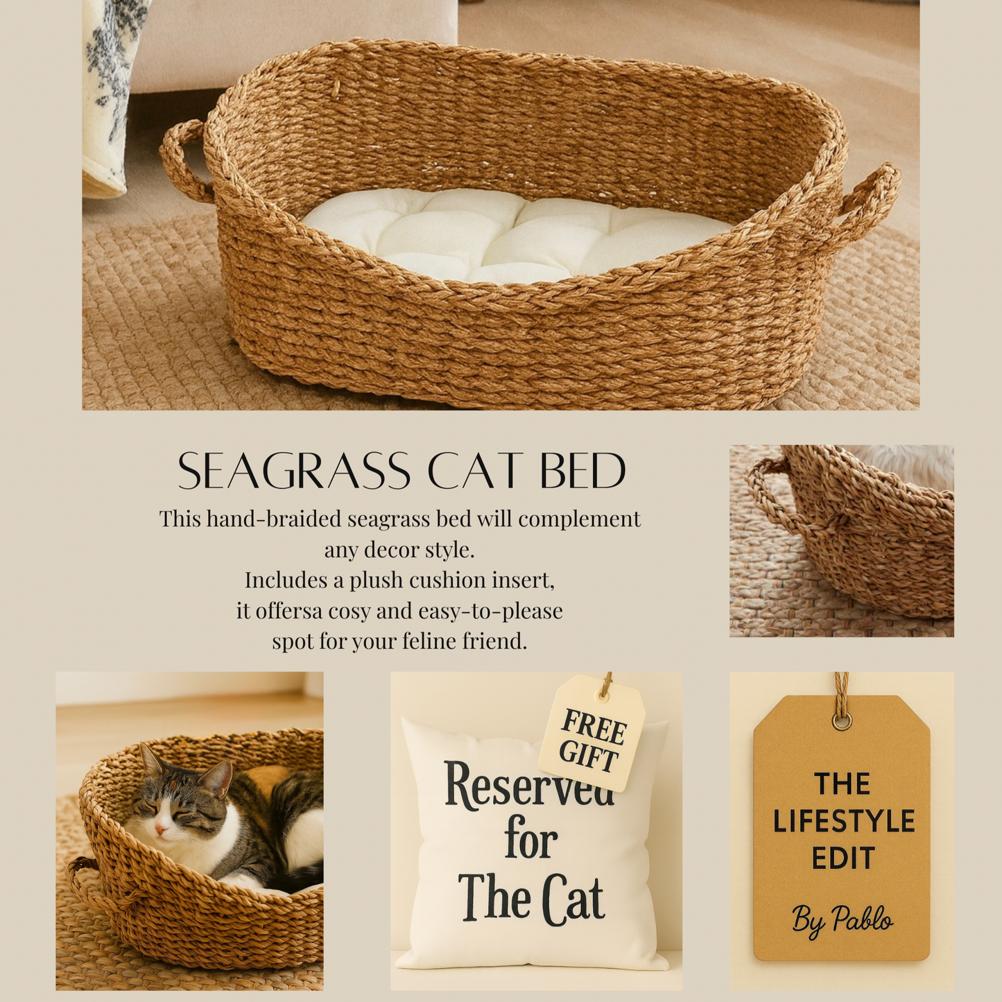 Premium Seagrass Cat Bed (50x32x23cm) - Natural Woven Pet Furniture with Free Cushion Cover