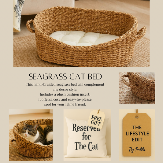 Premium Seagrass Cat Bed (50x32x23cm) - Natural Woven Pet Furniture with Free Cushion Cover